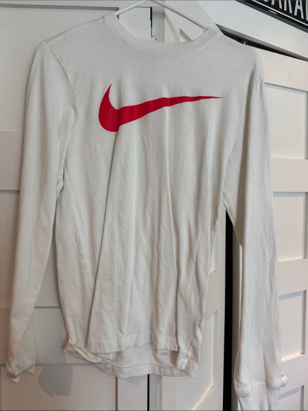 Nike White Long-Sleeve Tee with Red Swoosh
